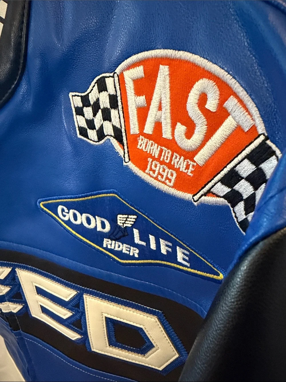 Adult Goodlife Blue White Black Racing 'SPEED' Leather Jacket